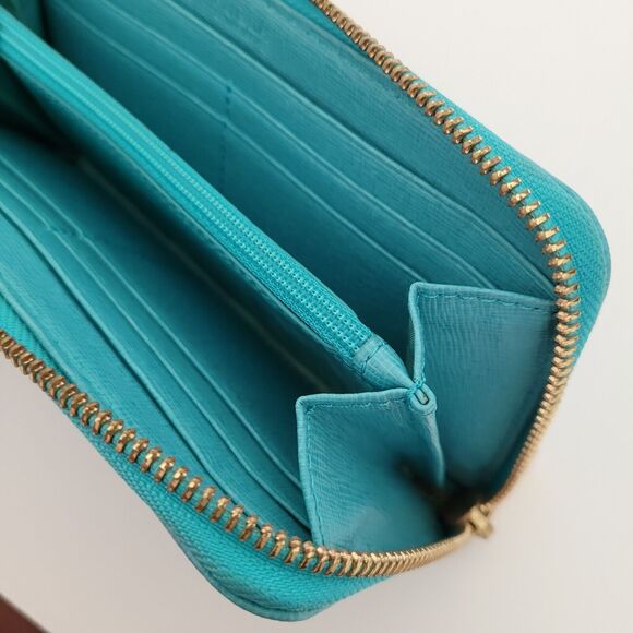 Furla Italian Zip Around Wallet Large Geniue Leather Tiffany Blue Designer Logo - Picture 6 of 10